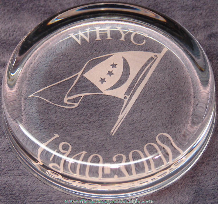 Old WHYC Yacht Club Advertising Souvenir Etched Glass Paper Weight