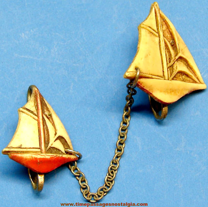 Old Two Part Miniature Celluloid Sail Boat Jewelry Pin