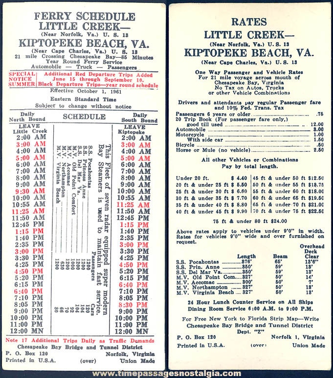 1961 Kiptopeke Beach Virginia Chesapeake Bay Ferry Boat Schedule & Price List Card