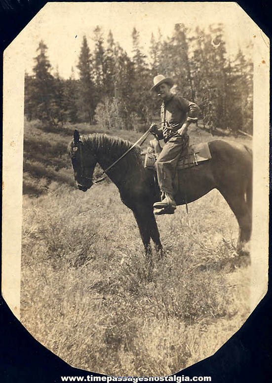 Old Cowboy On Horse Back Black & White Photograph
