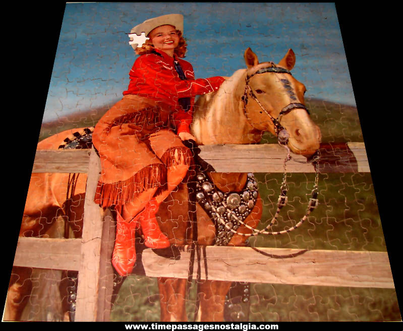 Colorful Old Boxed Perfect Miss Buffalo Bill Cowgirl & Horse Jig Saw Puzzle