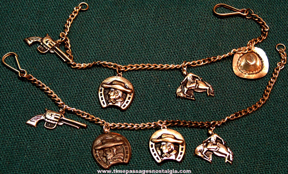 (2) Old Childrens Metal Western Cowboy Charm Jewelry Bracelets