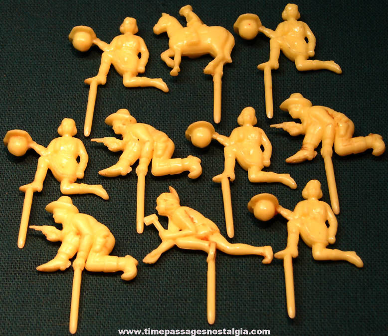 (10) Old Yellow Hard Plastic Cowboy & Cowgirl Play Set Figure Birthday Cake Candle Holders