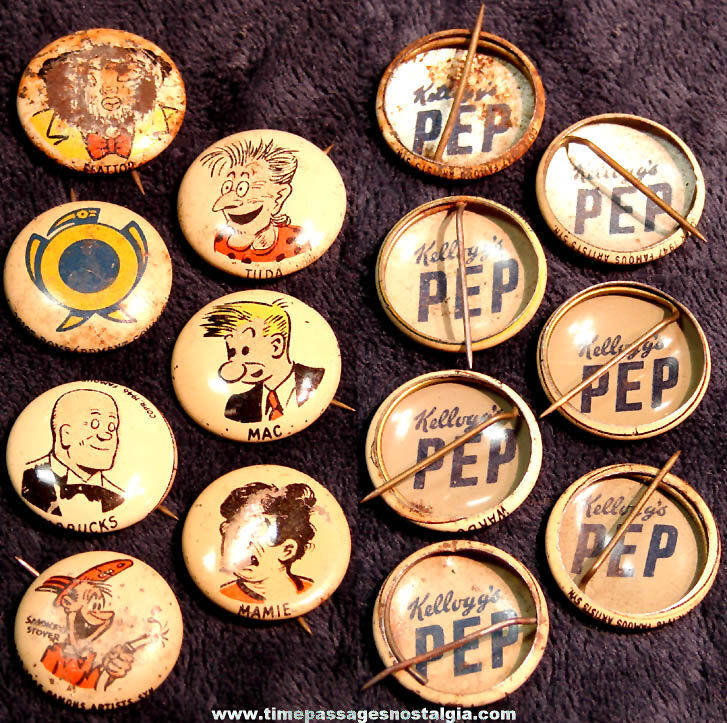 (3) Old Kellogg’s PEP Cereal Advertisements & (7) Prize Pin Back Buttons