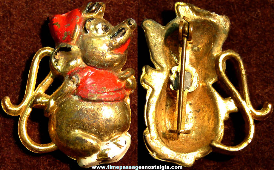1950s Walt Disney Cinderella Mouse Character Gus Lollygagger Figure Painted Metal Pin
