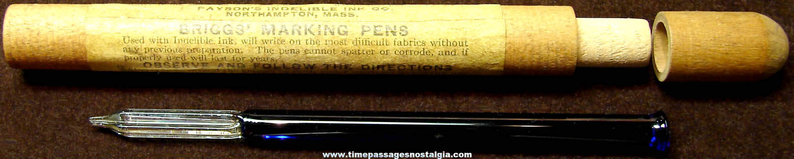 Old Briggs Cobalt Blue Glass Antique Marking Pen with Labeled Wooden Case