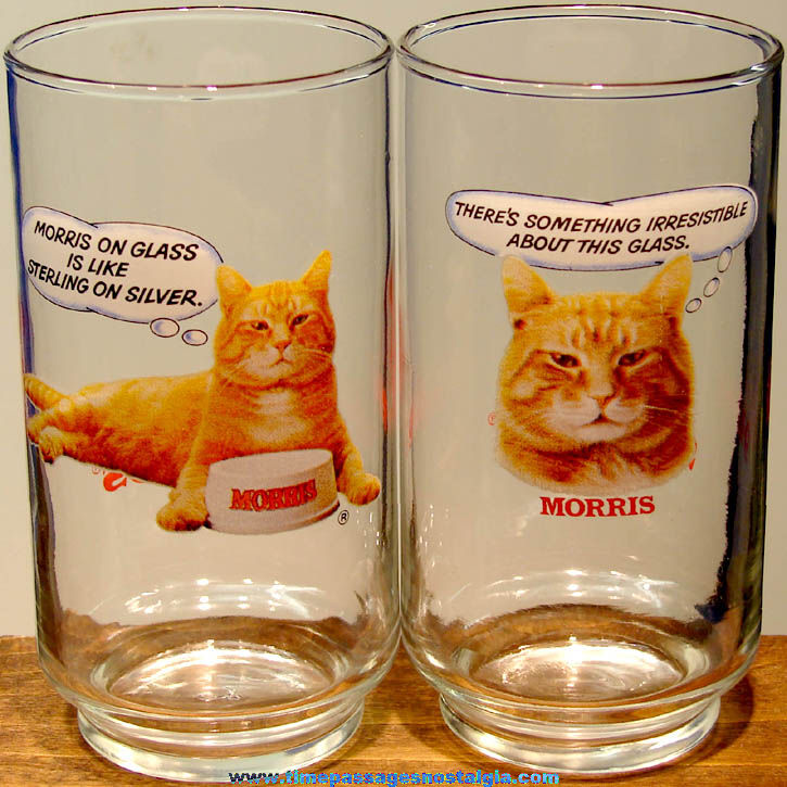 (2) Different Old Morris The Cat 9 - Lives Cat Food Advertising Premium Drink Glasses