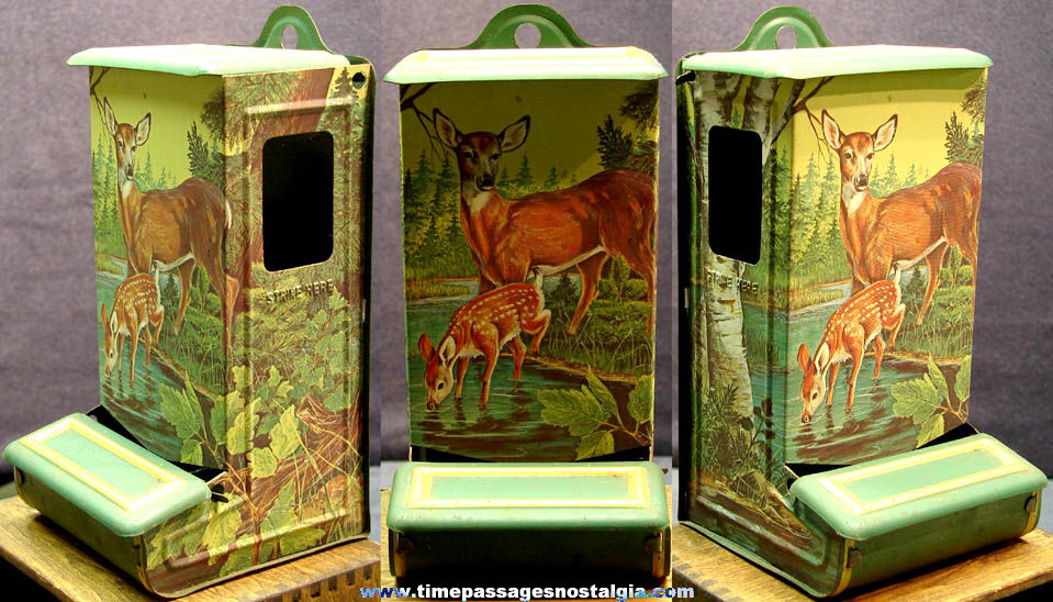 Colorful Old Jasco Deer Scene Fire Place or Stove Kitchen Tin Wooden Match Holder