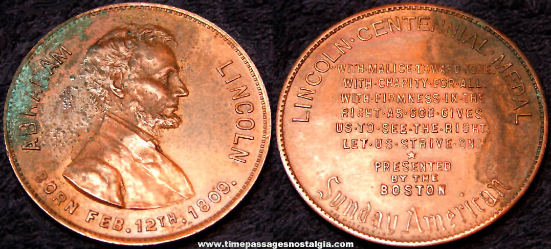 1909 President Abraham Lincoln Centennial Boston Sunday American Advertising Medal Token Coin
