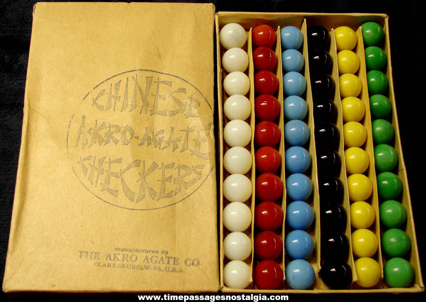 Complete Old Boxed Set of (60) Akro Agate Company Chinese Checkers Game Glass Marbles