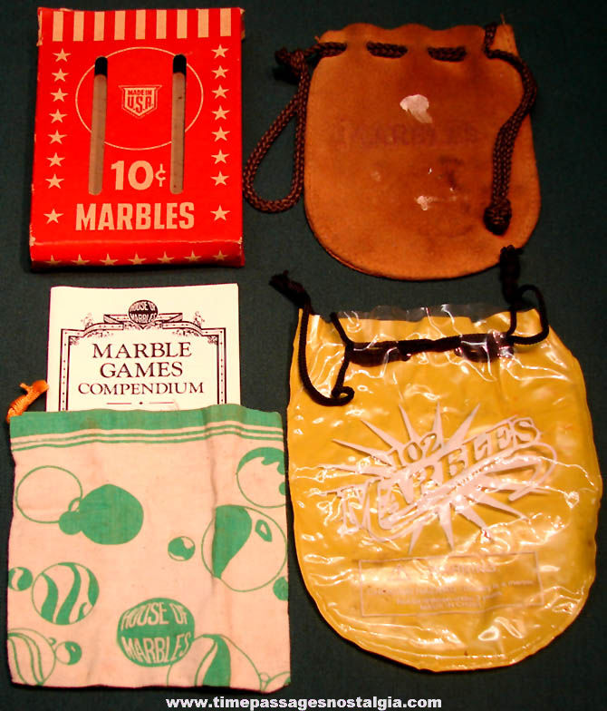 (5) Different Old Glass Toy Marbles Box Bags and Game Instruction Sheet