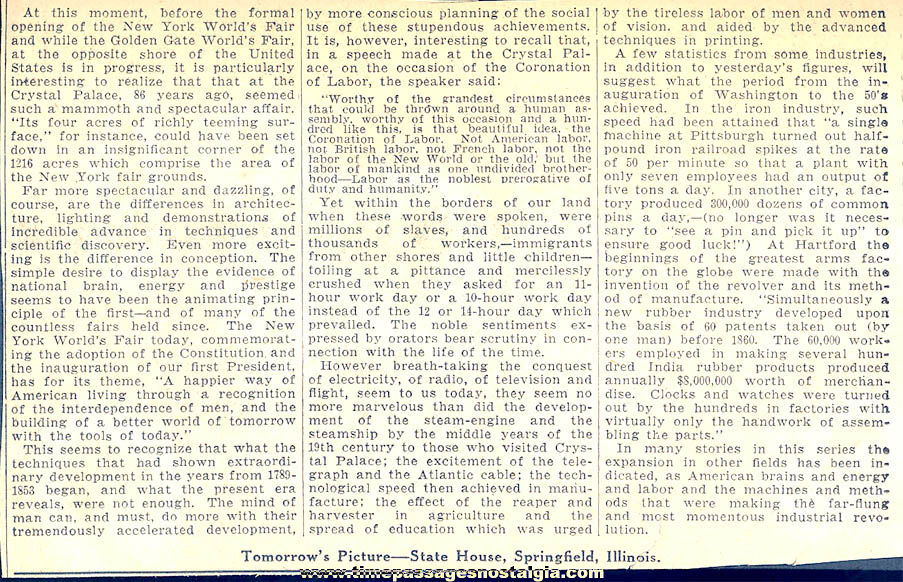 1939 New York Worlds Fair Article About The New York Crystal Palace Worlds Fair of 1854