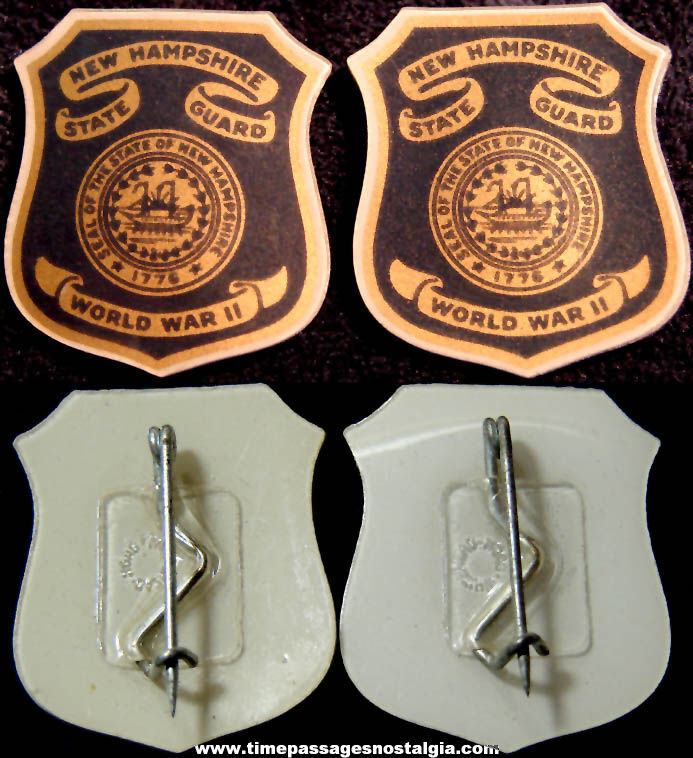 (2) Old Matching New Hampshire State Guard World War II Whitehead & Hoag Company Shield Badge Pins