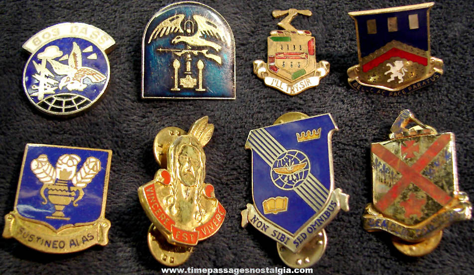 (8) Different Old Enameled United States Military Unit Uniform Insignia Pins