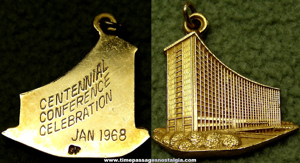January 1968 Centennial Conference Celebration Engraved Gold Filled Hotel Building Jewelry Charm