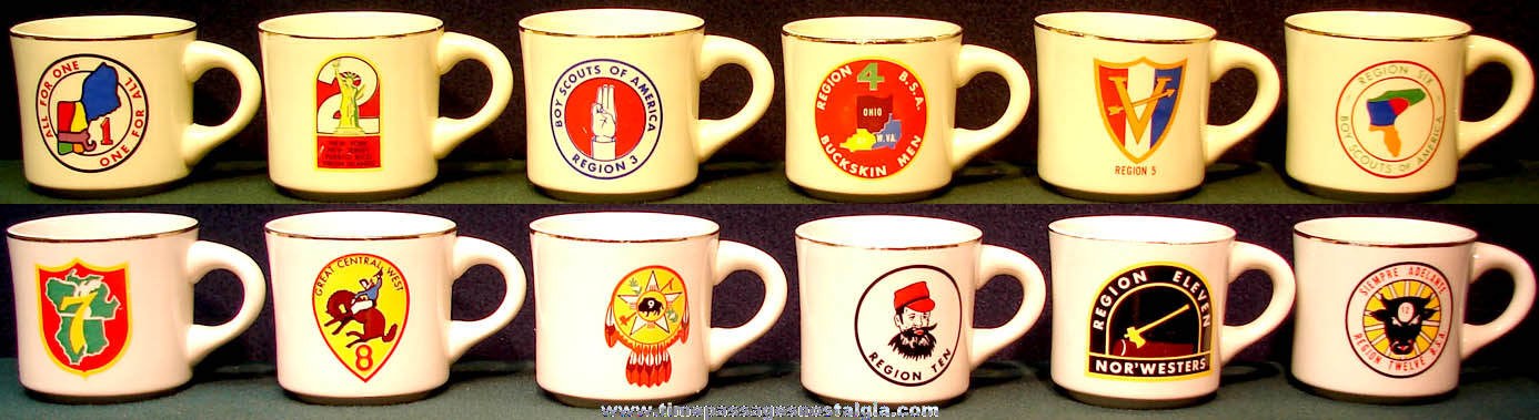 (12) Different Old Boy Scouts 1 – 12 Region Advertising Emblem Ceramic or Porcelain Coffee Cups or Mugs