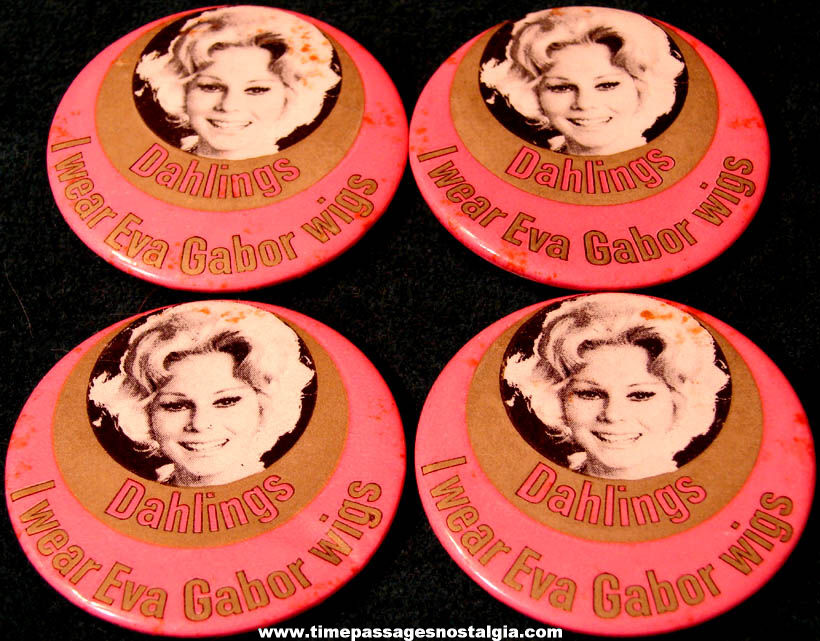 (4) Colorful Matching Old Eva Gabor Wigs Advertising Pin Back Buttons