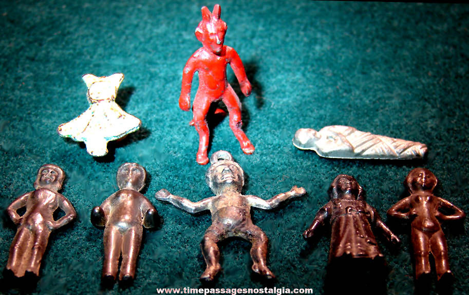 (8) Different Early Cracker Jack Pop Corn Confection Miniature Pot Metal Toy Prize People Figures