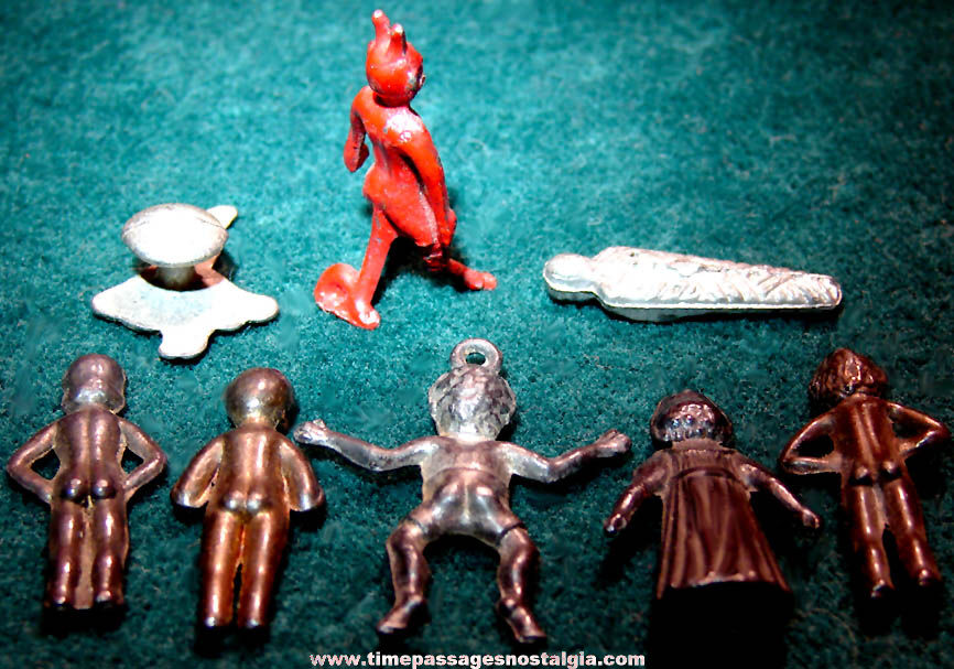 (8) Different Early Cracker Jack Pop Corn Confection Miniature Pot Metal Toy Prize People Figures