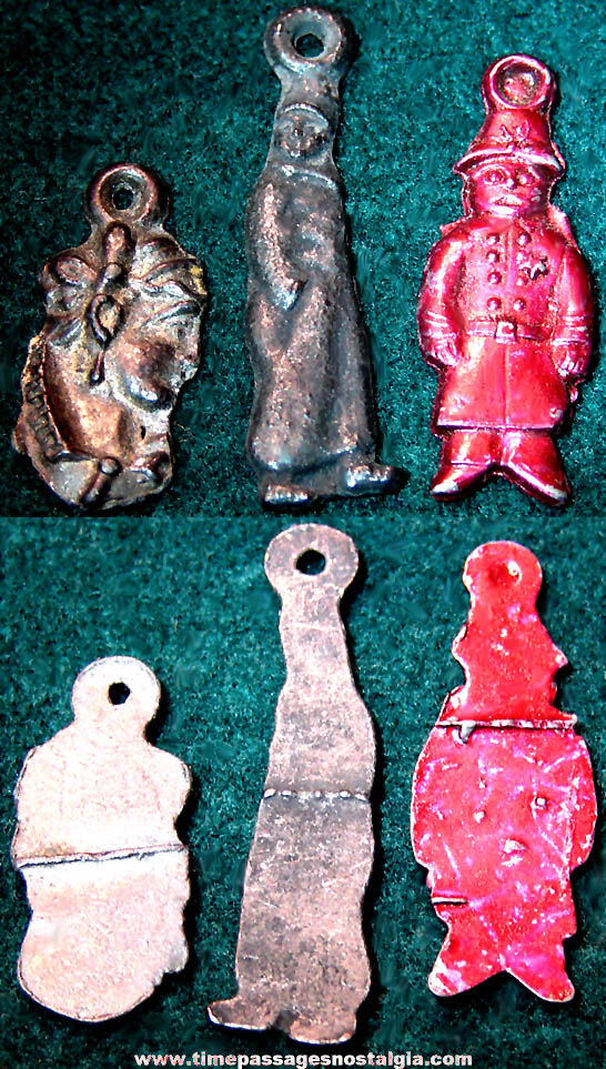 (3) Different Early Cracker Jack Pop Corn Confection Miniature Pot Metal Toy Prize People Figure Charms