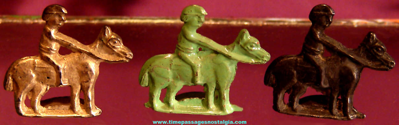 (3) Early Cracker Jack Pop Corn Confection Miniature Native American Indians on Horseback Pot Metal Toy Prize Figures