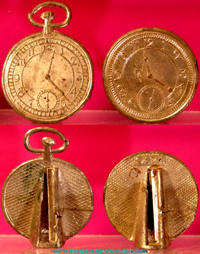 (2) Early Cracker Jack Pop Corn Confection Miniature Pot Metal Toy Prize Pocket Watches with Pencil Sharpeners