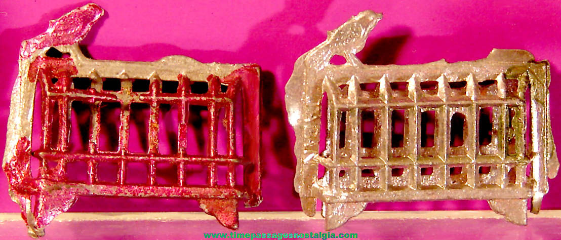 (2) Scarce Early Cracker Jack Pop Corn Confection Miniature Pot Metal Toy Prize Birds with Bird Cages