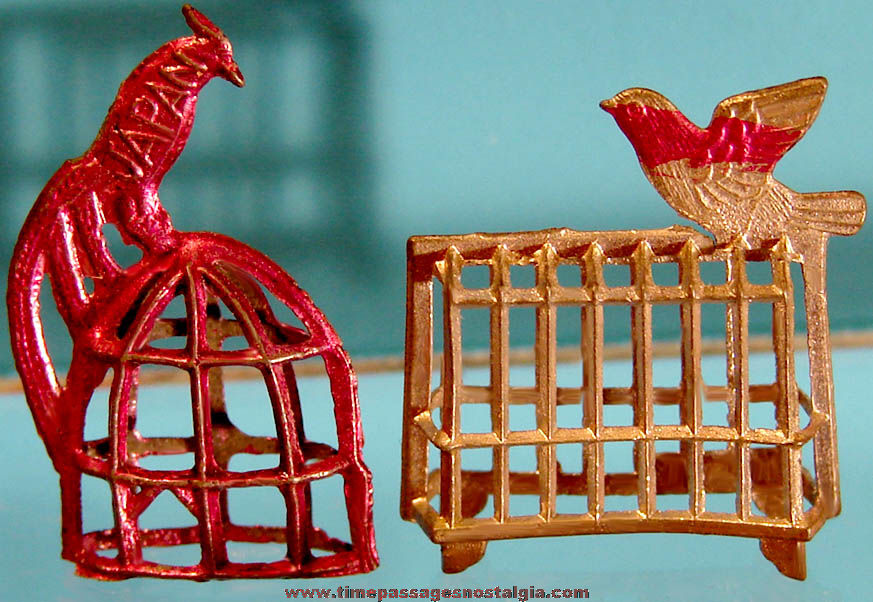(2) Different Scarce Early Cracker Jack Pop Corn Confection Miniature Pot Metal Toy Prize Birds with Bird Cages