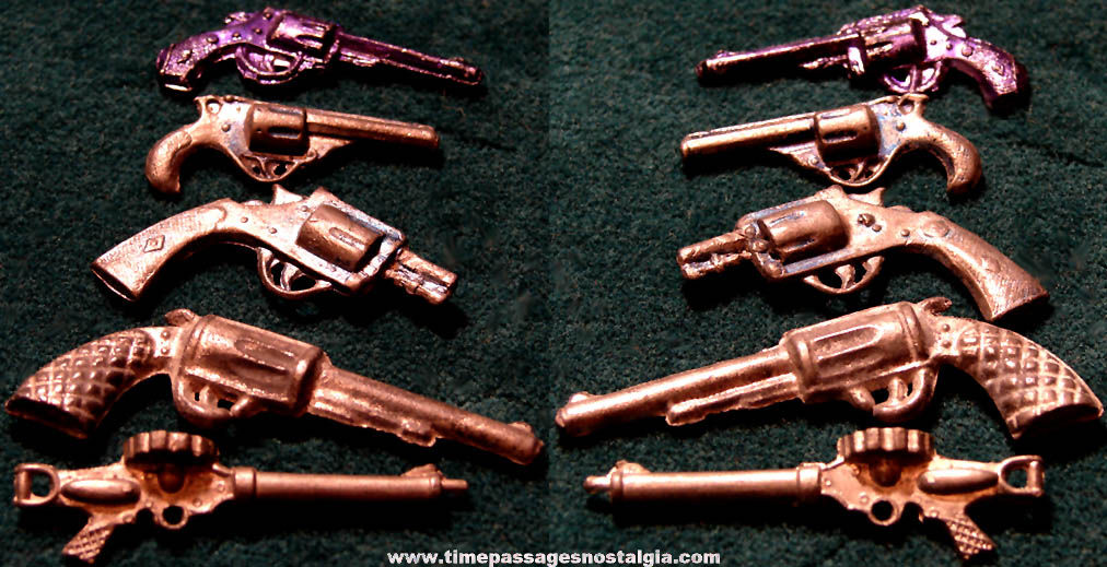 (5) Different Early Cracker Jack Pop Corn Confection Miniature Pot Metal Toy Prize Revolver Hand Guns