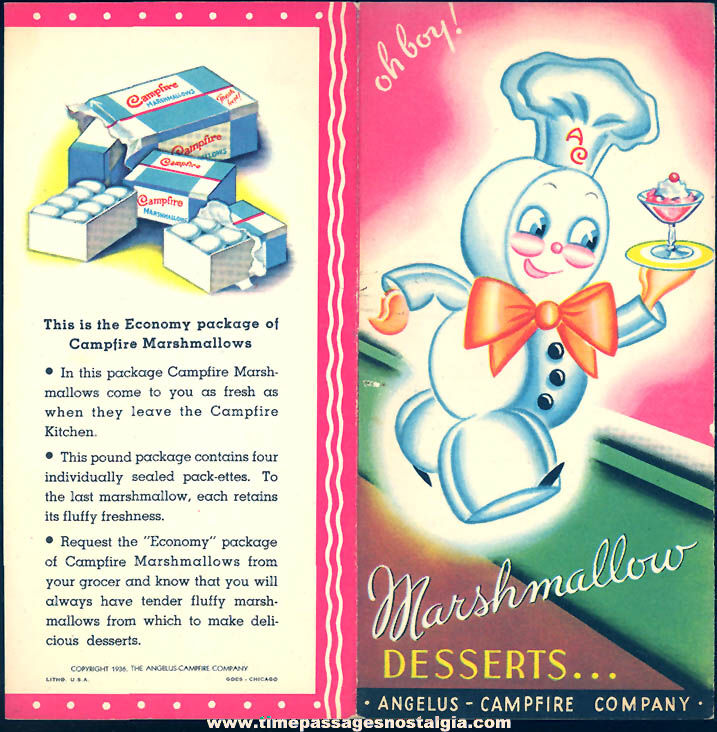 Colorful ©1936 Angelus - Campfire Company Advertising Premium Marshmallow Recipe Booklet