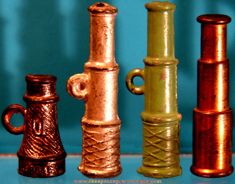(4) Early Cracker Jack Pop Corn Confection Miniature Pot Metal Toy Prize Telescopes