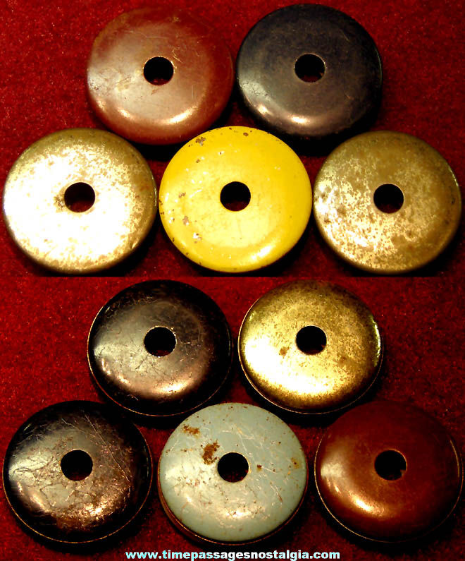 (5) Matching Small 1930s Cracker Jack Pop Corn Confection Tin Metal Toy Prize Screamer Type Whistles