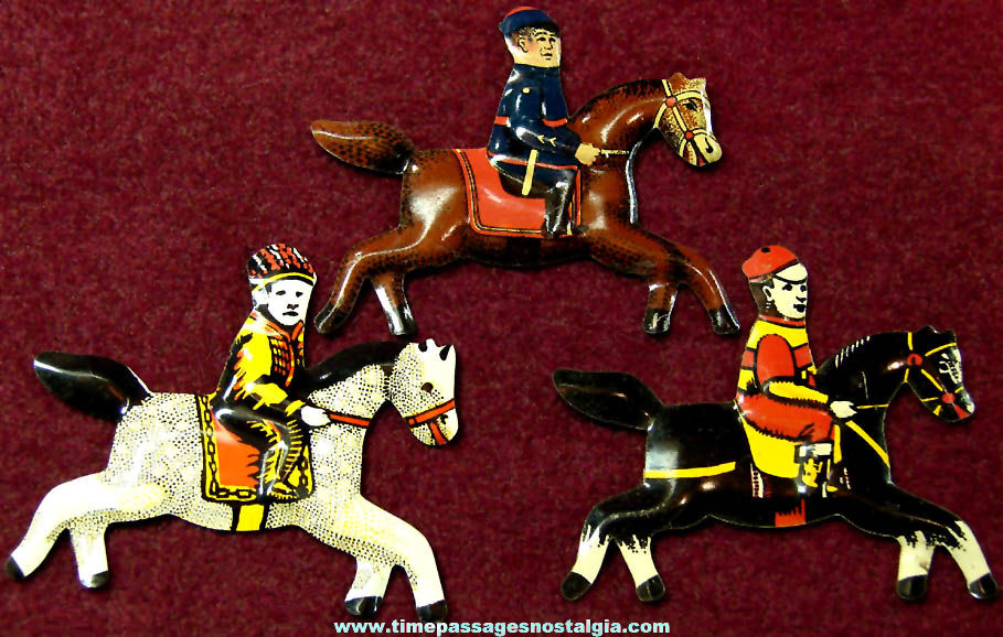 (3) Different Old Cracker Jack Pop Corn Confection Lithographed Tin Miniature Toy Prize Horses With Riders