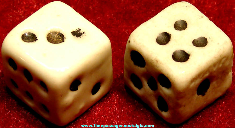 (2) Old Matching Cracker Jack Pop Corn Confection Toy Prize Porcelain or Ceramic Gambling or Game Dice