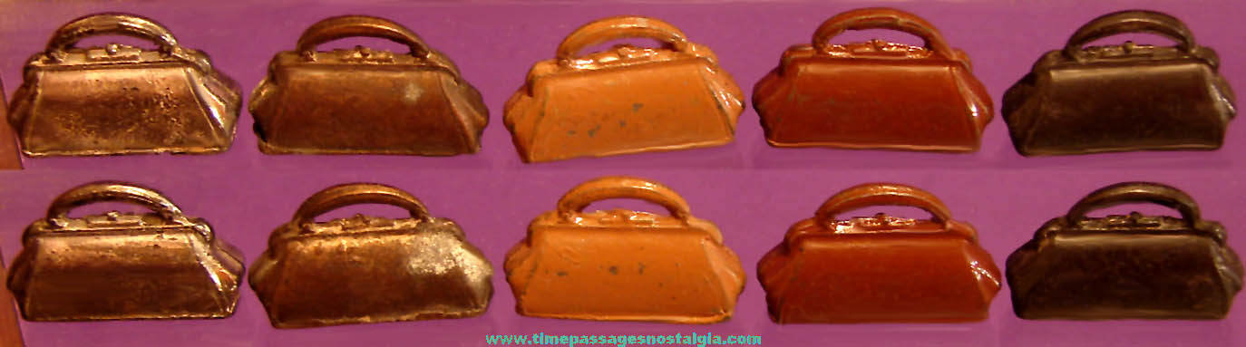 (5) Small 1940 Cracker Jack Pop Corn Confection Miniature Pot Metal Toy Prize Ladies Purses or Sports Bags