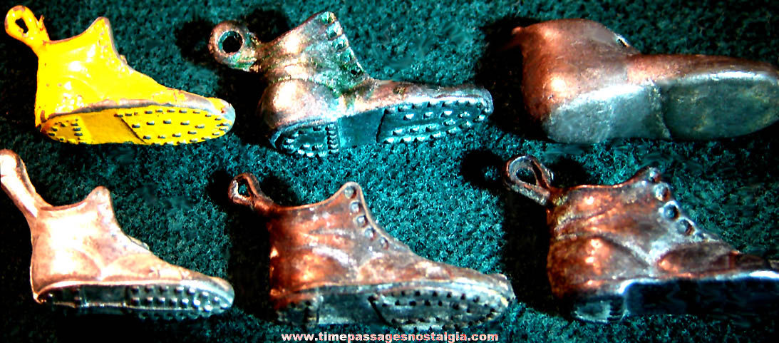 (6) Small Old Cracker Jack Pop Corn Confection Miniature Pot Metal Toy Prize Shoe Charms