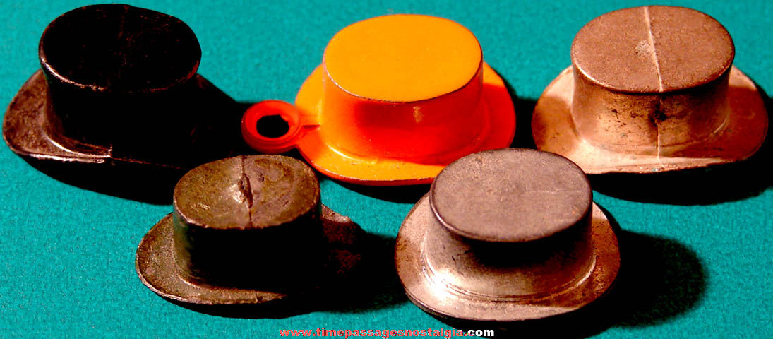 (5) Small Old Cracker Jack Pop Corn Confection Miniature Pot Metal Toy Prize Mens Top Hats