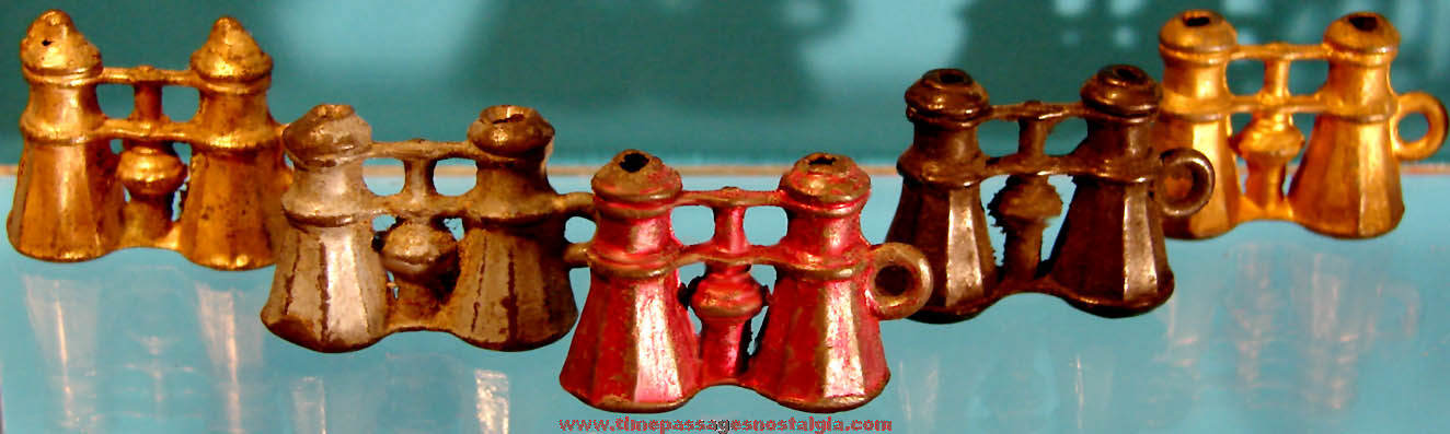 (5) Small Old Cracker Jack Pop Corn Confection Miniature Pot Metal Toy Prize Binocular Charms