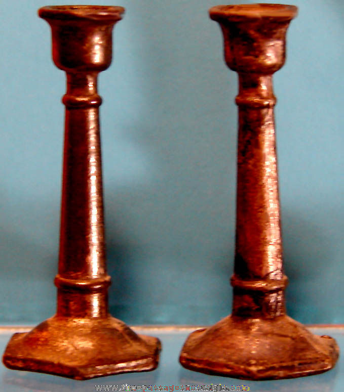 (2) Matching Small 1931 Cracker Jack Pop Corn Confection Miniature Pot Metal Toy Prize Candle Sticks or Holders