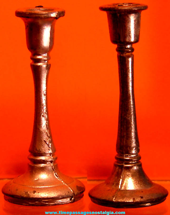 (2) Matching Small 1931 Cracker Jack Pop Corn Confection Miniature Pot Metal Toy Prize Candle Sticks or Holders