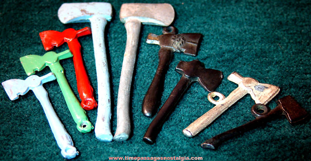 (9) Old Cracker Jack Pop Corn Confection Miniature Pot Metal Toy Prize Ax & Hatchet Tools