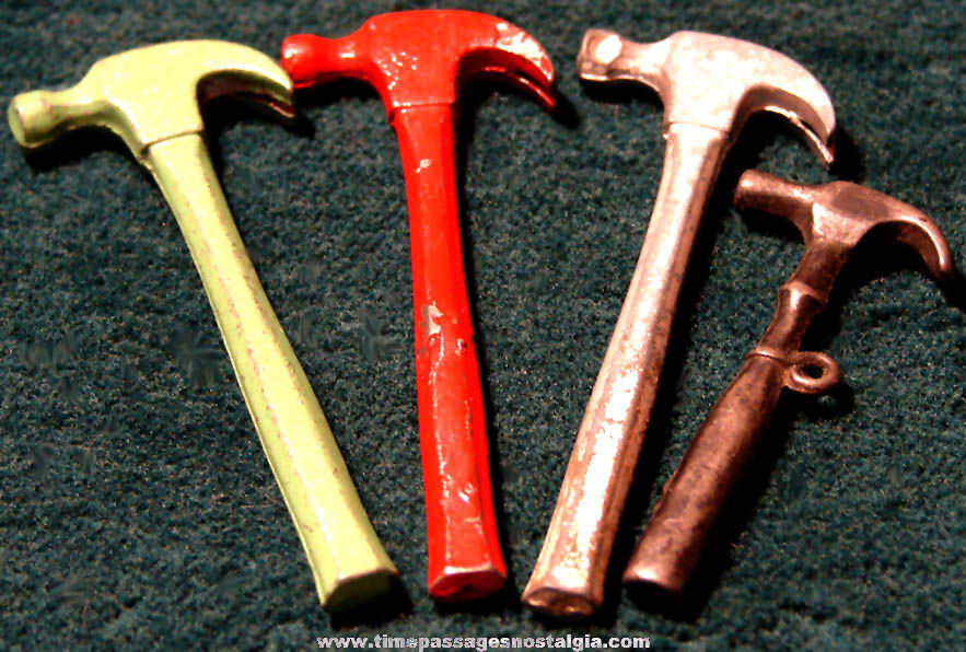 (4) Old Cracker Jack Pop Corn Confection Miniature Pot Metal Toy Prize Carpenter or Framer Claw Hammer Tools