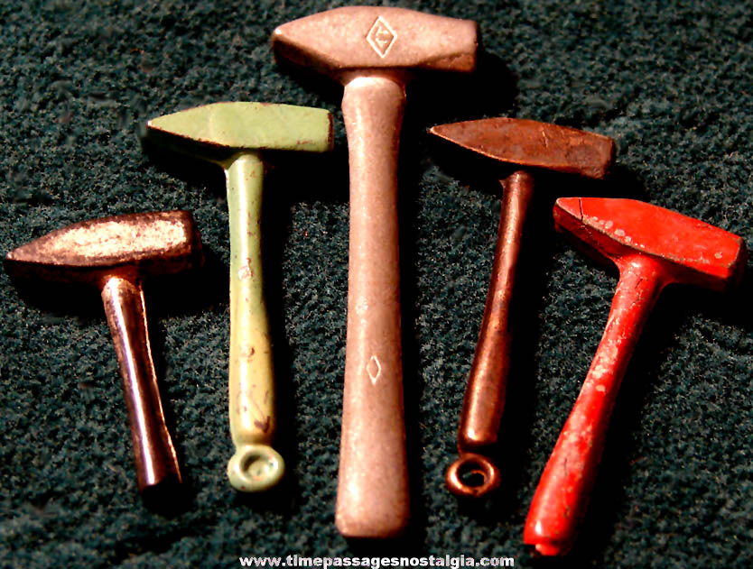 (5) Old Cracker Jack Pop Corn Confection Miniature Pot Metal Toy Prize Sledge Hammer Tools
