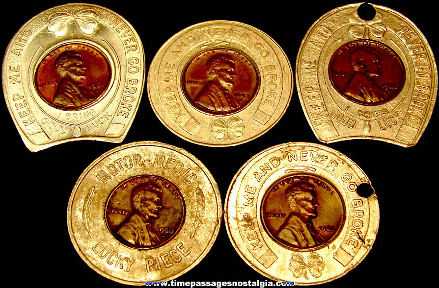 (5) Different Old Advertising Souvenir Premium Encased Cent Good Luck Token Coins