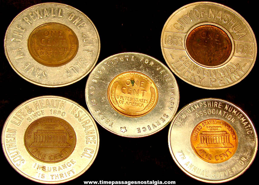 (5) Different Old Advertising Souvenir Premium Encased Cent Good Luck Token Coins