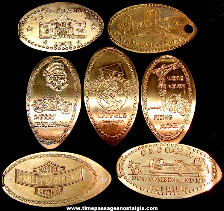 (7) Different Advertising Souvenir Elongated Cent Good Luck Token Coins