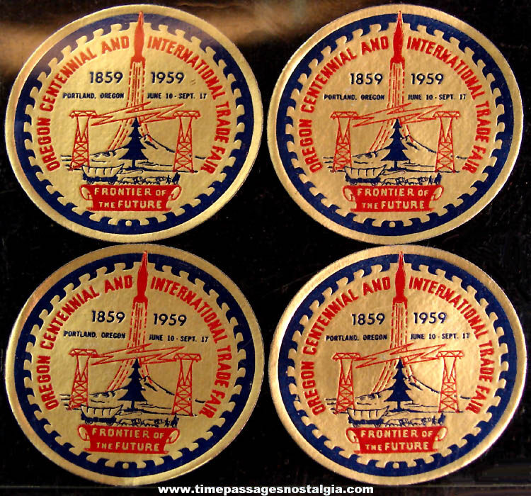(4) Unused 1959 Oregon Centennial and International Trade Fair Advertising Emblem Stickers