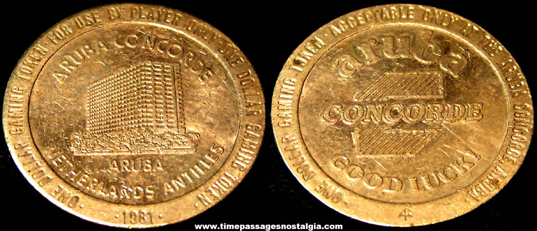 1981 Aruba Concorde Casino One Dollar Gaming or Gambling Token Coin