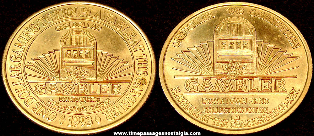 1993 Gambler Reno Nevada Casino One Dollar Gaming or Gambling Token Coin