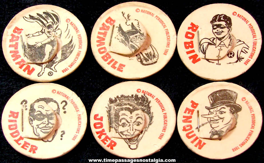 Set of (6) Different 1966 Batman Super Hero National Periodical Publications Character Milk Bottle Caps